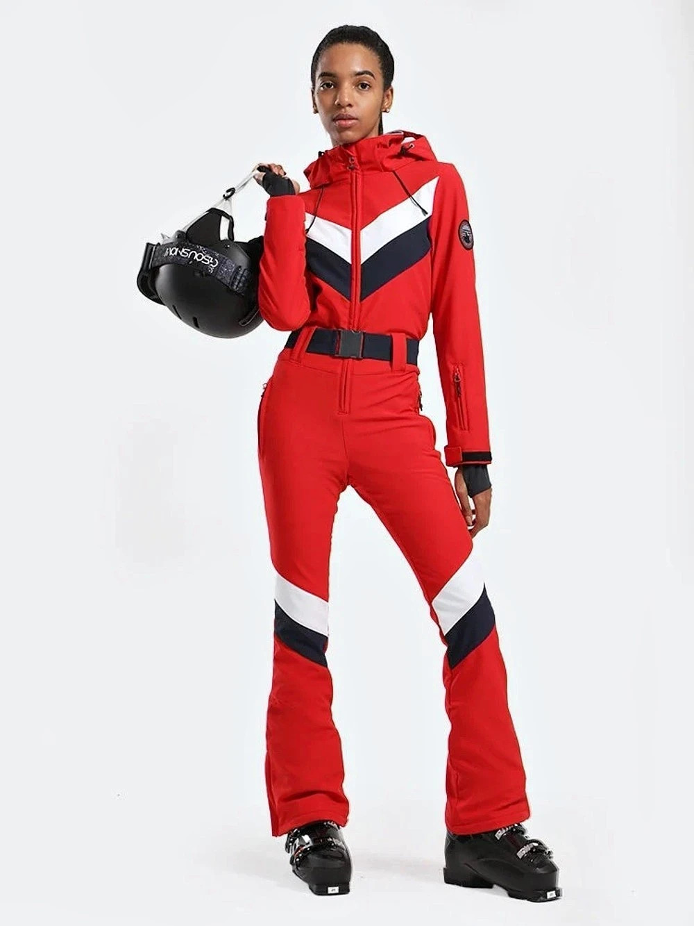 GSOU Snow Slim-Fit Waterproof One-Piece Ski Suit In Red/Navy/White Vacation SZ M
